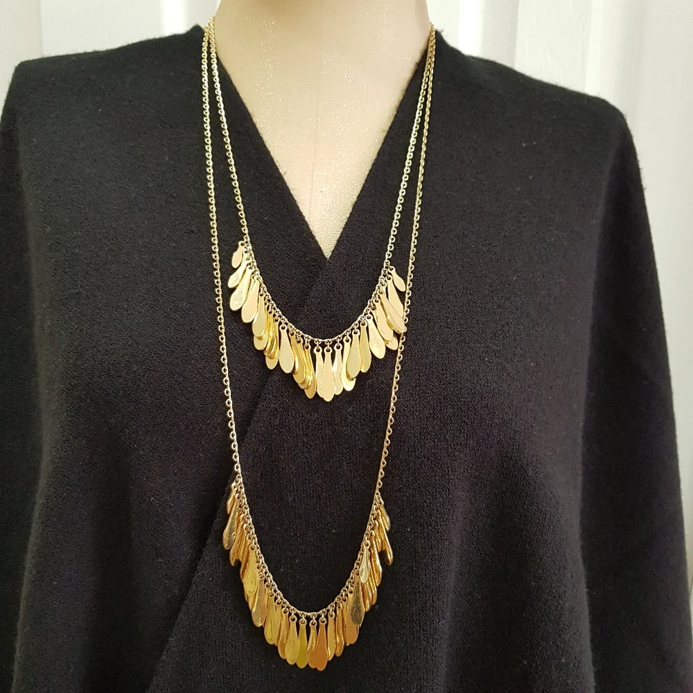 KATE SPADE Gold Tone Double Chain Tiered Long Layered Necklace Fringe Fan Paddle - Picture 2 of 9